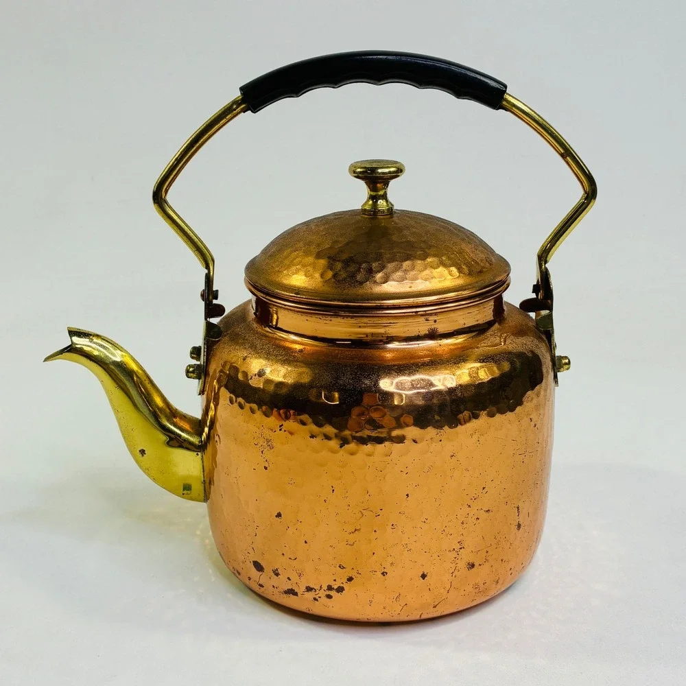 Hammered India Pure Copper Tea Kettle and 2 Moscow Mule Mugs Set Brass Handles